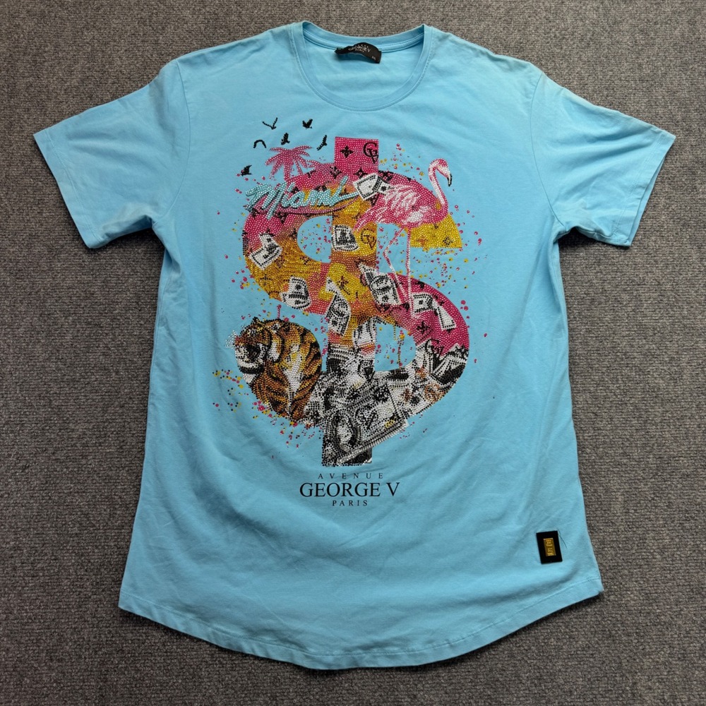 Avenue George V Paris Mens T-Shirt XXL Blue Rhinestone Dollar Tiger Graphic